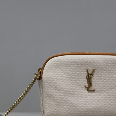 GABY ZIPPED POUCH 19 IN WHITE MIX BROWN COTTON GOLD HARDWARE
