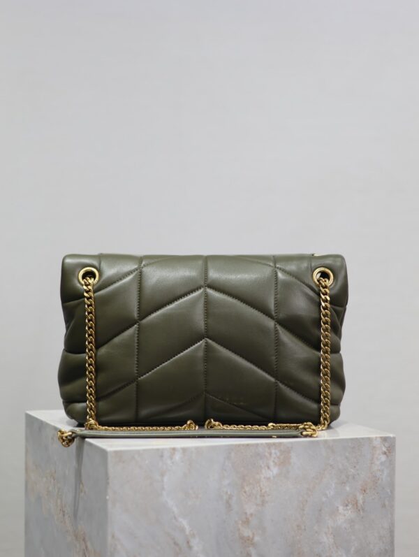 YSL 25S LOULOU PUFFER MM 29 IN DARK OLIVE CALFSKIN GOLD HARDWRE