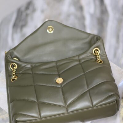 YSL 25S LOULOU PUFFER MM 29 IN DARK OLIVE CALFSKIN GOLD HARDWARE