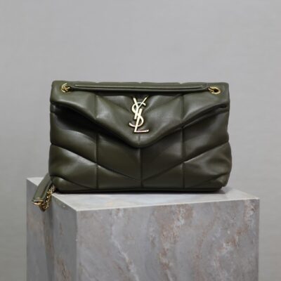 YSL 25S LOULOU PUFFER MM 29 IN DARK OLIVE CALFSKIN GOLD HARDWRE