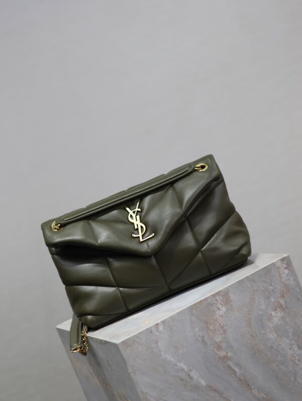 YSL 25S LOULOU PUFFER MM 29 IN DARK OLIVE CALFSKIN GOLD HARDWRE