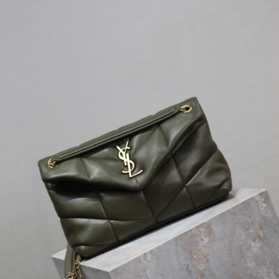 YSL 25S LOULOU PUFFER MM 29 IN DARK OLIVE CALFSKIN GOLD HARDWARE