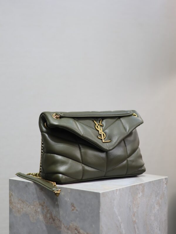 YSL 25S LOULOU PUFFER MM 29 IN DARK OLIVE CALFSKIN GOLD HARDWRE