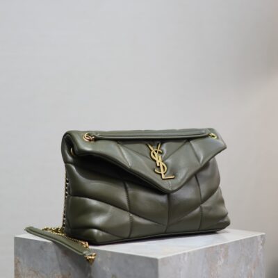YSL 25S LOULOU PUFFER MM 29 IN DARK OLIVE CALFSKIN GOLD HARDWARE