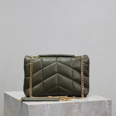 YSL 25S LOULOU PUFFER MINI 23 IN DARK OLIVE CALFSKIN GOLD HARDWARE