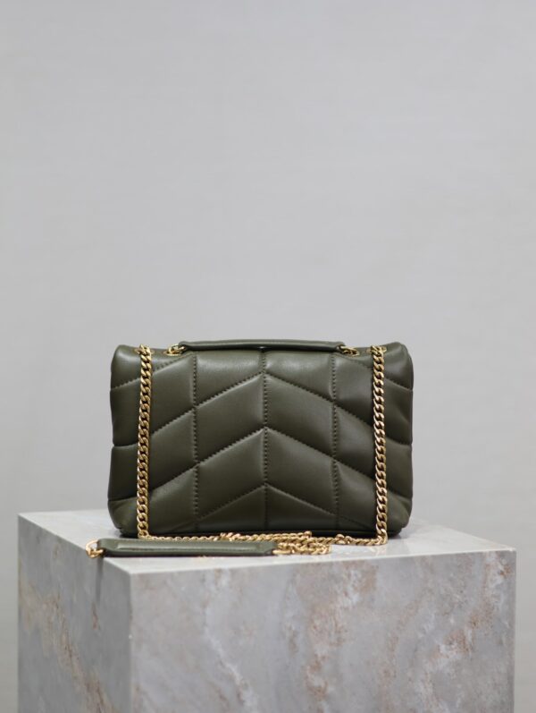 YSL 25S LOULOU PUFFER MINI 23 IN DARK OLIVE CALFSKIN GOLD HARDWARE