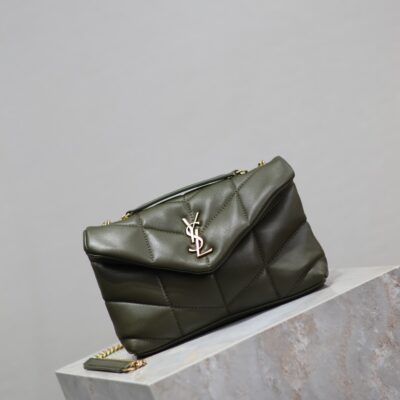 YSL 25S LOULOU PUFFER MINI 23 IN DARK OLIVE CALFSKIN GOLD HARDWARE