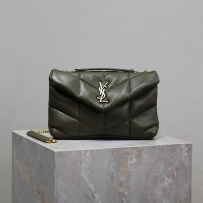 YSL 25S LOULOU PUFFER MINI 23 IN DARK OLIVE CALFSKIN GOLD HARDWARE