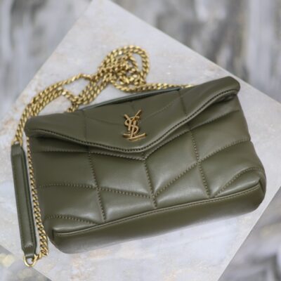 YSL 25S LOULOU PUFFER MINI 23 IN DARK OLIVE CALFSKIN GOLD HARDWARE