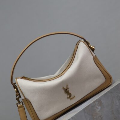 CAMERA SUPPLE BAG 28 IN WHITE CANVAS AND BROWN CALFSKIN TRIM