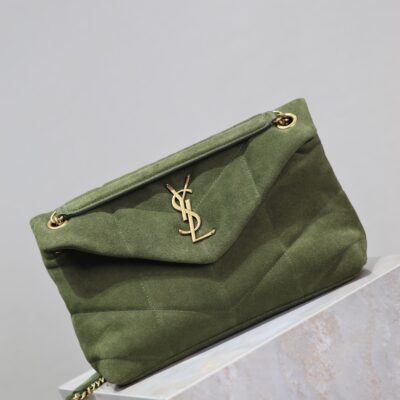 YSL 25S LOULOU PUFFER MM 29 IN GREEN SUEDE GOLD HARDWARE
