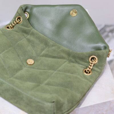 YSL 25S LOULOU PUFFER MM 29 IN GREEN SUEDE GOLD HARDWARE