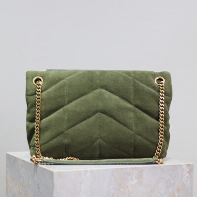 YSL 25S LOULOU PUFFER MM 29 IN GREEN SUEDE GOLD HARDWARE
