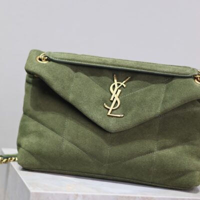YSL 25S LOULOU PUFFER MM 29 IN GREEN SUEDE GOLD HARDWARE