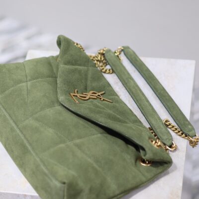 YSL 25S LOULOU PUFFER MM 29 IN GREEN SUEDE GOLD HARDWARE