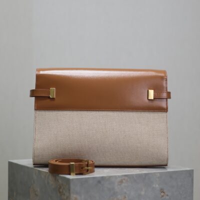 MANHATTAN MEDIUM 29 IN WHITE CANVAS AND BROWN CALFSKIN GOLD BUCKLE