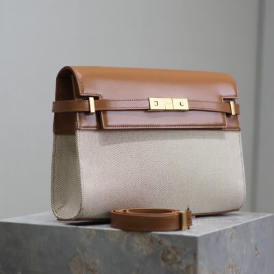 MANHATTAN MEDIUM 29 IN WHITE CANVAS AND BROWN CALFSKIN GOLD BUCKLE