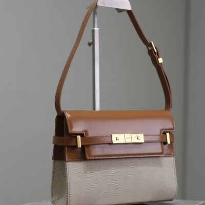 MANHATTAN SMALL 24 IN WHITE CANVAS AND BROWN CALFSKIN GOLD HARDWARE