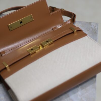 MANHATTAN SMALL 24 IN WHITE CANVAS AND BROWN CALFSKIN GOLD HARDWARE