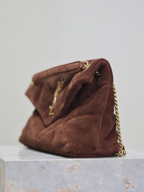 YSL 25S LOULOU PUFFER MM 29 IN DARK BROWN SUEDE GOLD HARDWARE