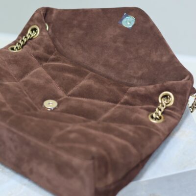 YSL 25S LOULOU PUFFER MM 29 IN DARK BROWN SUEDE GOLD HARDWARE