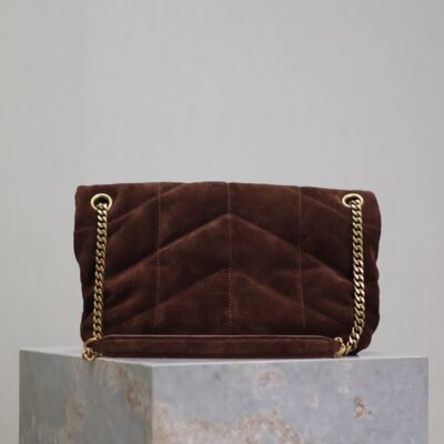 YSL 25S LOULOU PUFFER MM 29 IN DARK BROWN SUEDE GOLD HARDWARE