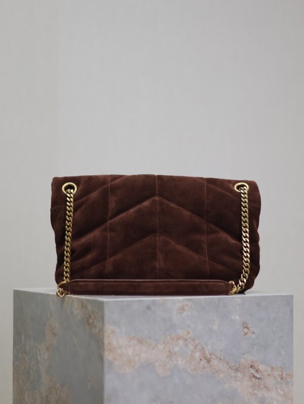 YSL 25S LOULOU PUFFER MM 29 IN DARK BROWN SUEDE GOLD HARDWARE