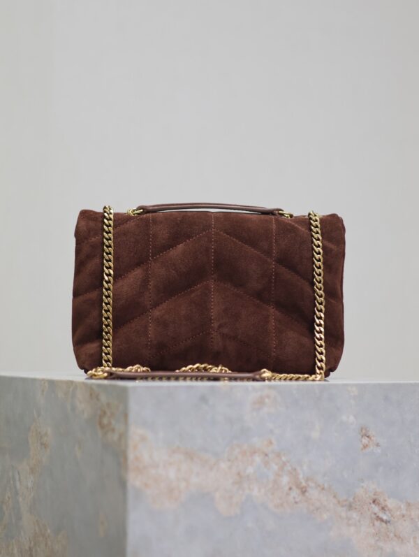 YSL 25S LOULOU PUFFER MINI 23 IN DARK BROWN SUEDE GOLD HARDWARE