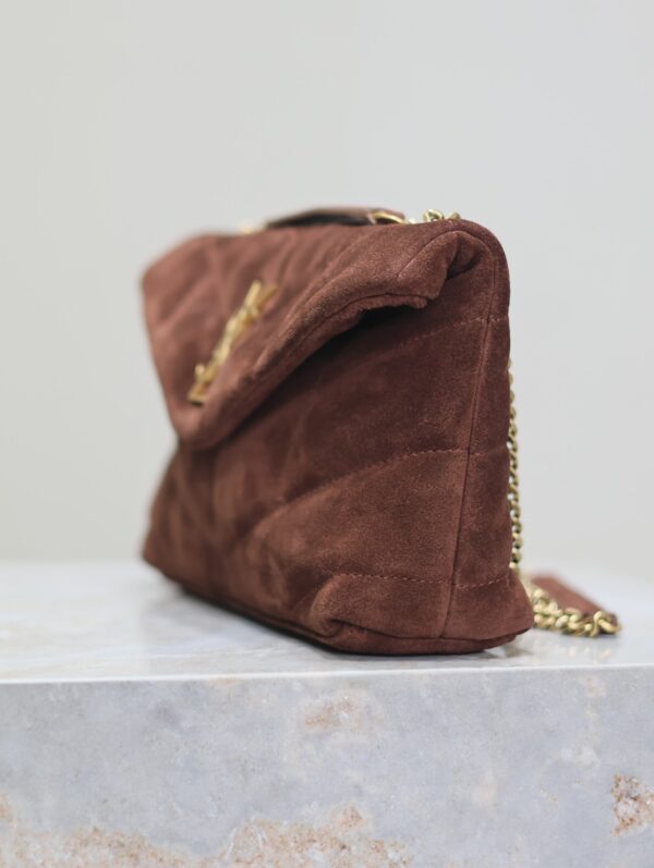 YSL 25S LOULOU PUFFER MINI 23 IN DARK BROWN SUEDE GOLD HARDWARE