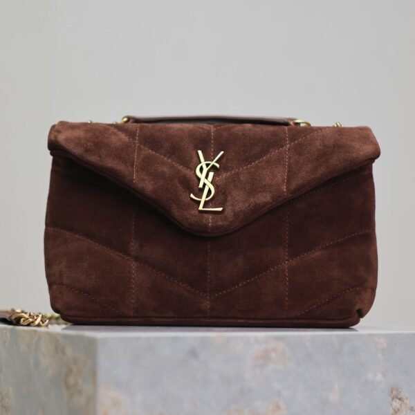 YSL 25S LOULOU PUFFER MINI 23 IN DARK BROWN SUEDE GOLD HARDWARE