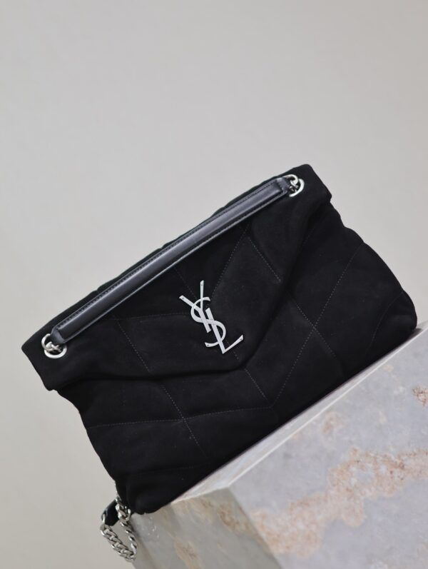 YSL 25S LOULOU PUFFER GM 35 IN BLACK SUEDE SILVER HARDWARE