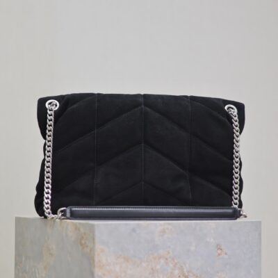 YSL 25S LOULOU PUFFER GM 35 IN BLACK SUEDE SILVER HARDWARE