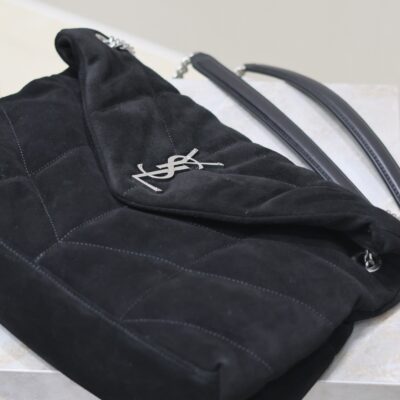 YSL 25S LOULOU PUFFER GM 35 IN BLACK SUEDE SILVER HARDWARE