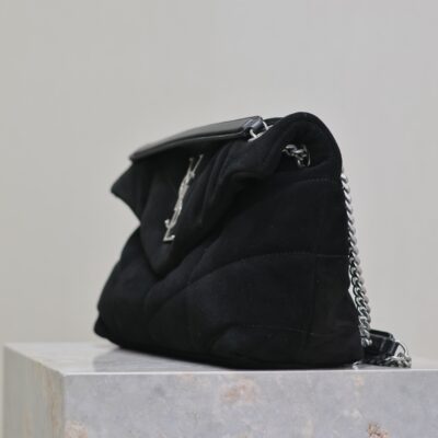 YSL 25S LOULOU PUFFER MM 29 IN BLACK SUEDE SILVER HARDWARE