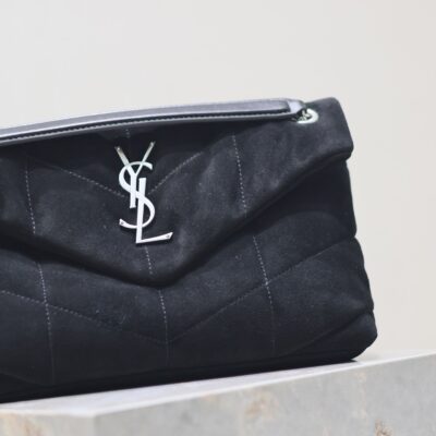 YSL 25S LOULOU PUFFER MM 29 IN BLACK SUEDE SILVER HARDWARE