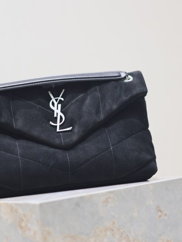 YSL 25S LOULOU PUFFER MM 29 IN BLACK SUEDE SILVER HARDWARE
