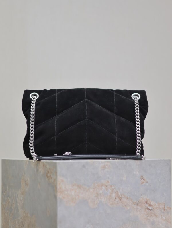 YSL 25S LOULOU PUFFER MM 29 IN BLACK SUEDE SILVER HARDWARE
