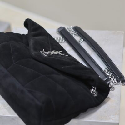 YSL 25S LOULOU PUFFER MM 29 IN BLACK SUEDE SILVER HARDWARE