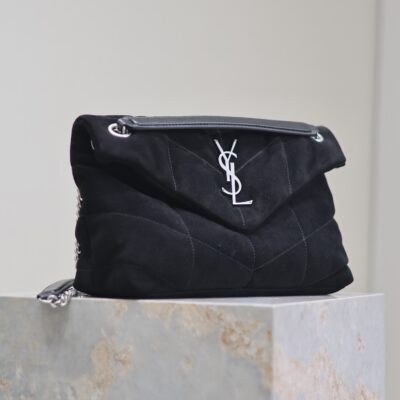 YSL 25S LOULOU PUFFER MM 29 IN BLACK SUEDE SILVER HARDWARE