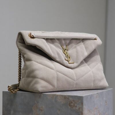YSL 25S LOULOU PUFFER GM 35 IN SMOKEY TAUPE SUEDE GOLD HARDWARE