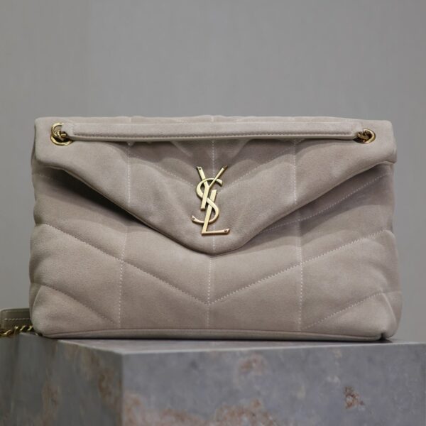 YSL 25S LOULOU PUFFER GM 35 IN SMOKEY TAUPE SUEDE GOLD HARDWARE