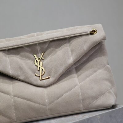 YSL 25S LOULOU PUFFER GM 35 IN SMOKEY TAUPE SUEDE GOLD HARDWARE