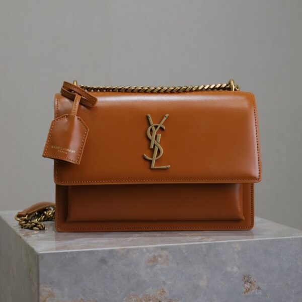 YSL 25S SUNSET BAG 22 IN DARK CARAMEL CALFSKIN GOLD HARDWRE