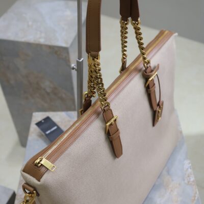 TRAVEL BAG 48 IN WHITE CANVAS AND BROWN LEATHER TRIM GOLD HARDWARE