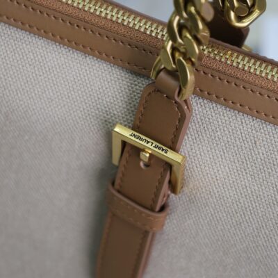 TRAVEL BAG 48 IN WHITE CANVAS AND BROWN LEATHER TRIM GOLD HARDWARE