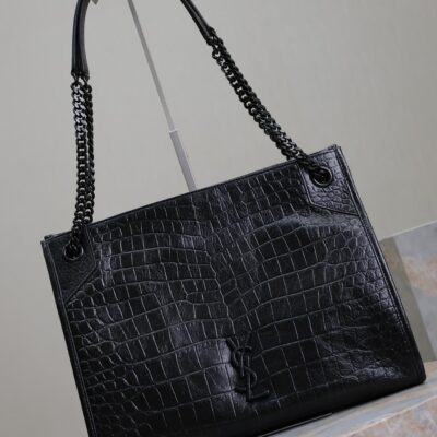 NIKI SHOPPING BAG 33 IN BLACK CROCODILE-EMBOSSED CALFSKIN