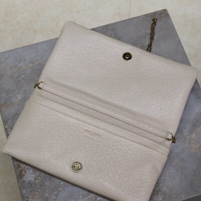CALYPSO POUCH 24 IN WHITE ELEPHANT TEXTURED LAMBSKIN GOLD LOGO