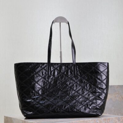 SHOPPING TOTE BAG 38 IN BLACK CRUMPLED CALFSKIN