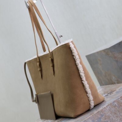 SHOPPING TOTE BAG 38 IN TAN BROWN SUEDE AND WHITE SHEARLING TRIM