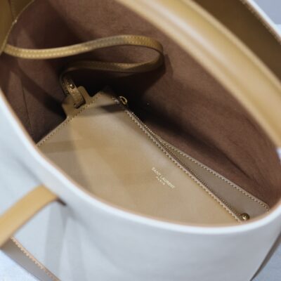 YSL 25S LE 5 À 7 BUCKET 26 IN CREAM BROWN CALFSKIN AND CANVAS GOLD HARDWARE